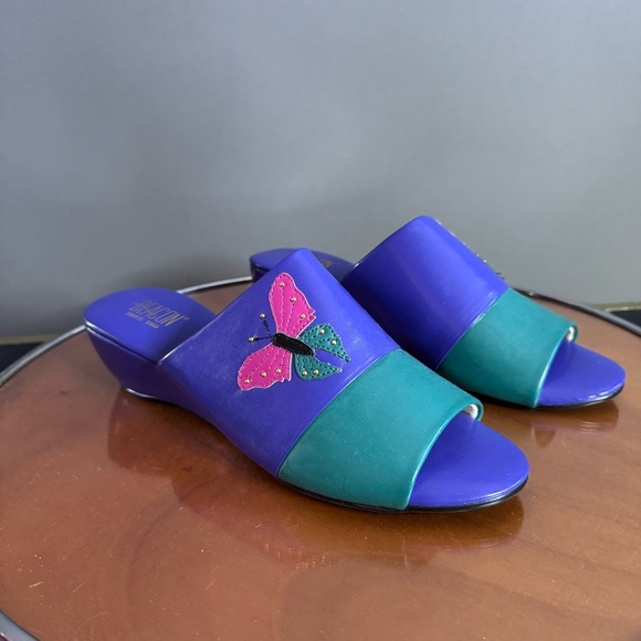 Shoes - Vintage Deacon Colorful Women's Slide Wedge Sandals with Butterfly Design